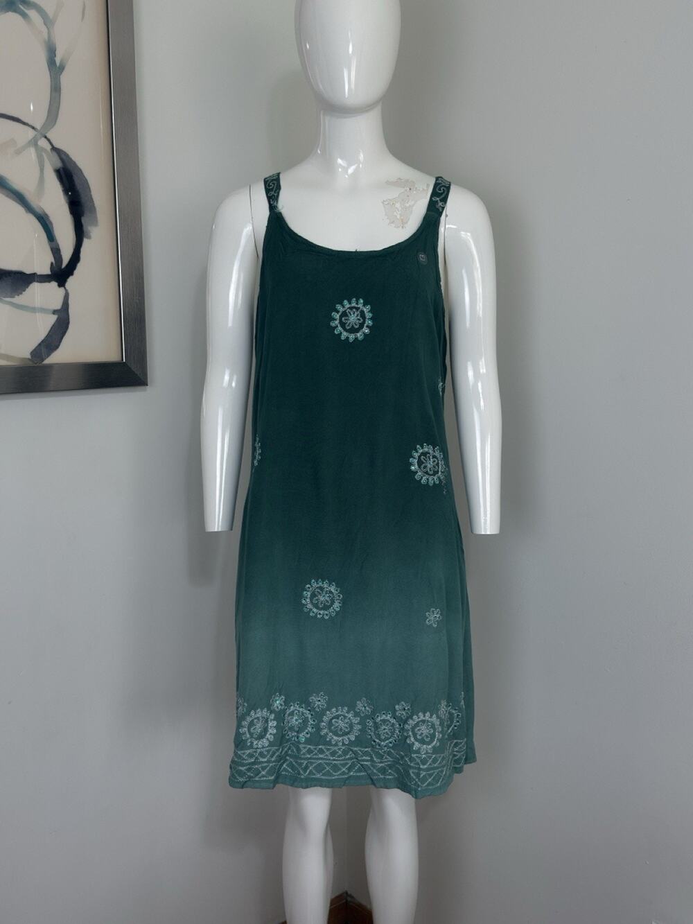 Raya Sun Women Tank Dress Green Ombré Embroidered Boho Whimsical Cottagecore M